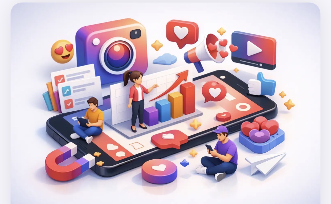 Ilustração de engajamento no Instagram com curtidas, views e gráficos