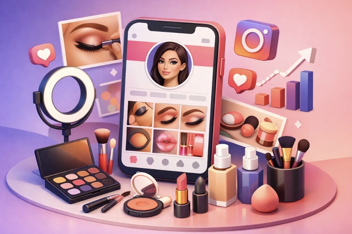 Ilustração de perfil de Instagram de beleza com métricas de crescimento